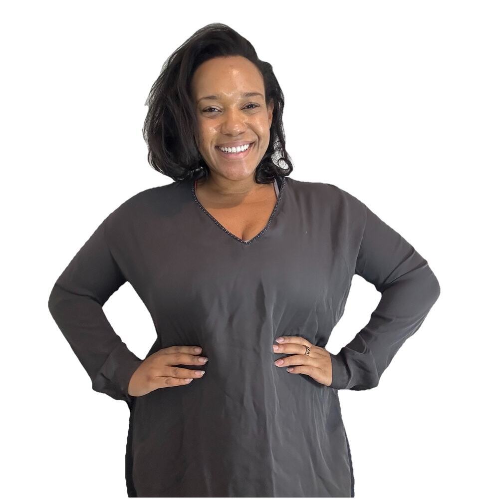 Vince Silk Tunic Blouse Large Long Sleeve V-Neck Top Minimalist Chic Grey Beaded